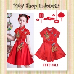 PD582 Dress Imlek Anak Baju Imlek Anak Perempuan Merah Dress Cheongsam Anak Full Red Gold Bird  large